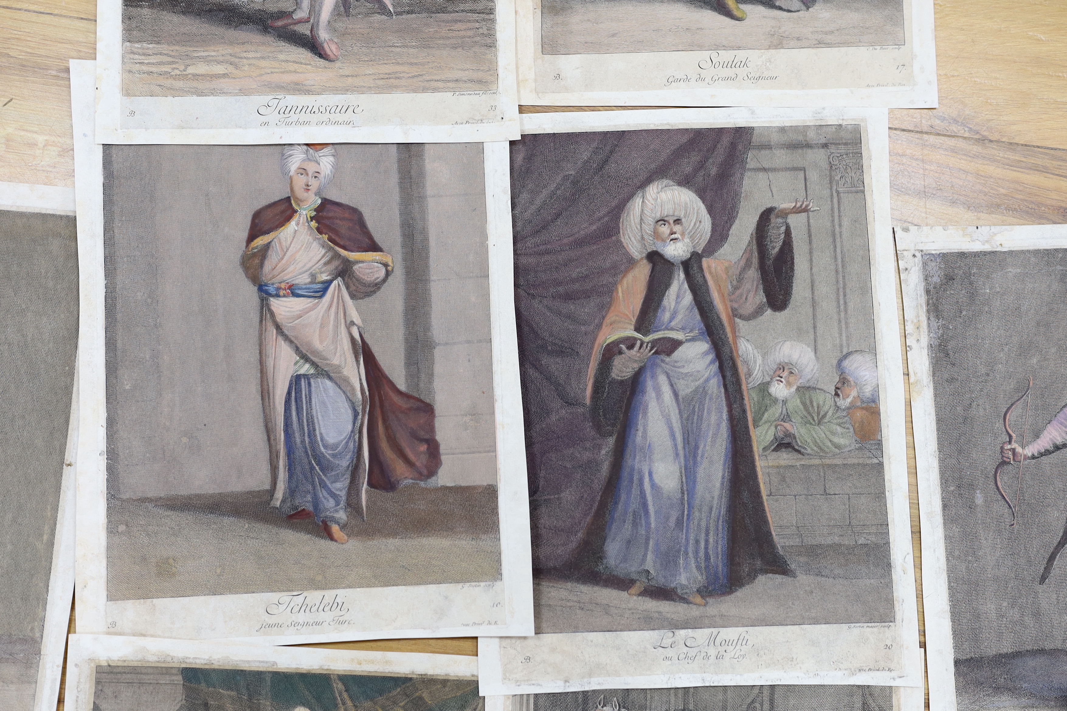 After Jean Baptiste Vanmour (Flemish/French, 1671-1737), a collection of eight hand coloured engravings of Turkish costumes, together with a small collection of hand coloured lithographs relating to Turkey and other Midd